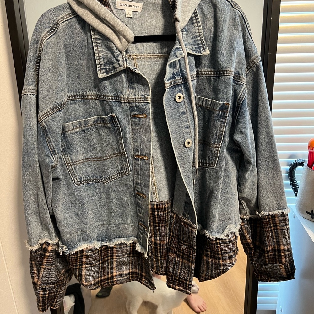 Denim Jacket with Plaid Accents